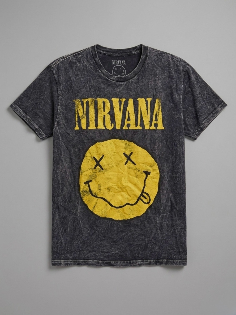 Nirvana Smiley Face Graphic T-Shirt Acid Wash Grey Black Oversized Boxy Womens M - Picture 2 of 11